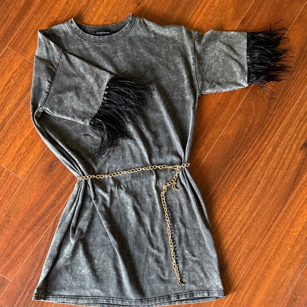 Acid wash tshirt dress with feather sleeves, size 6